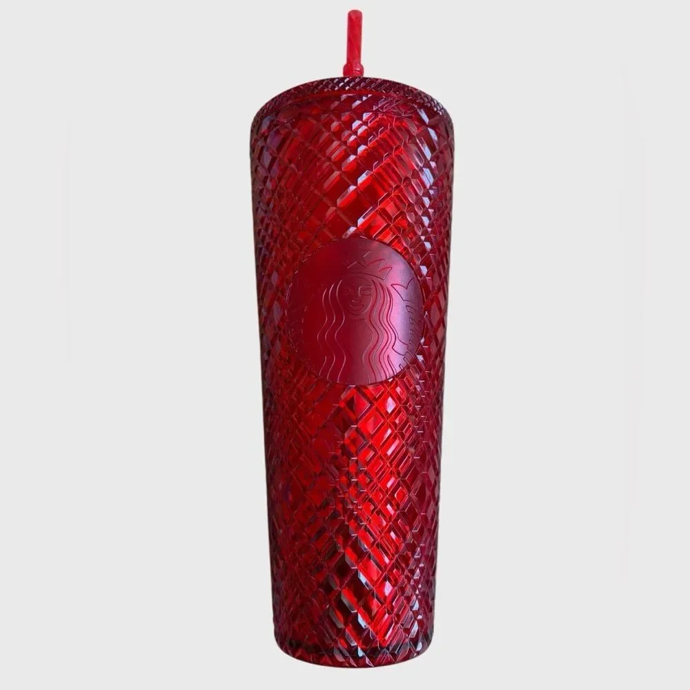 Starbucks 2021 Red Jeweled Holiday Tumbler Grid Textured Lid Straw Venti 24oz